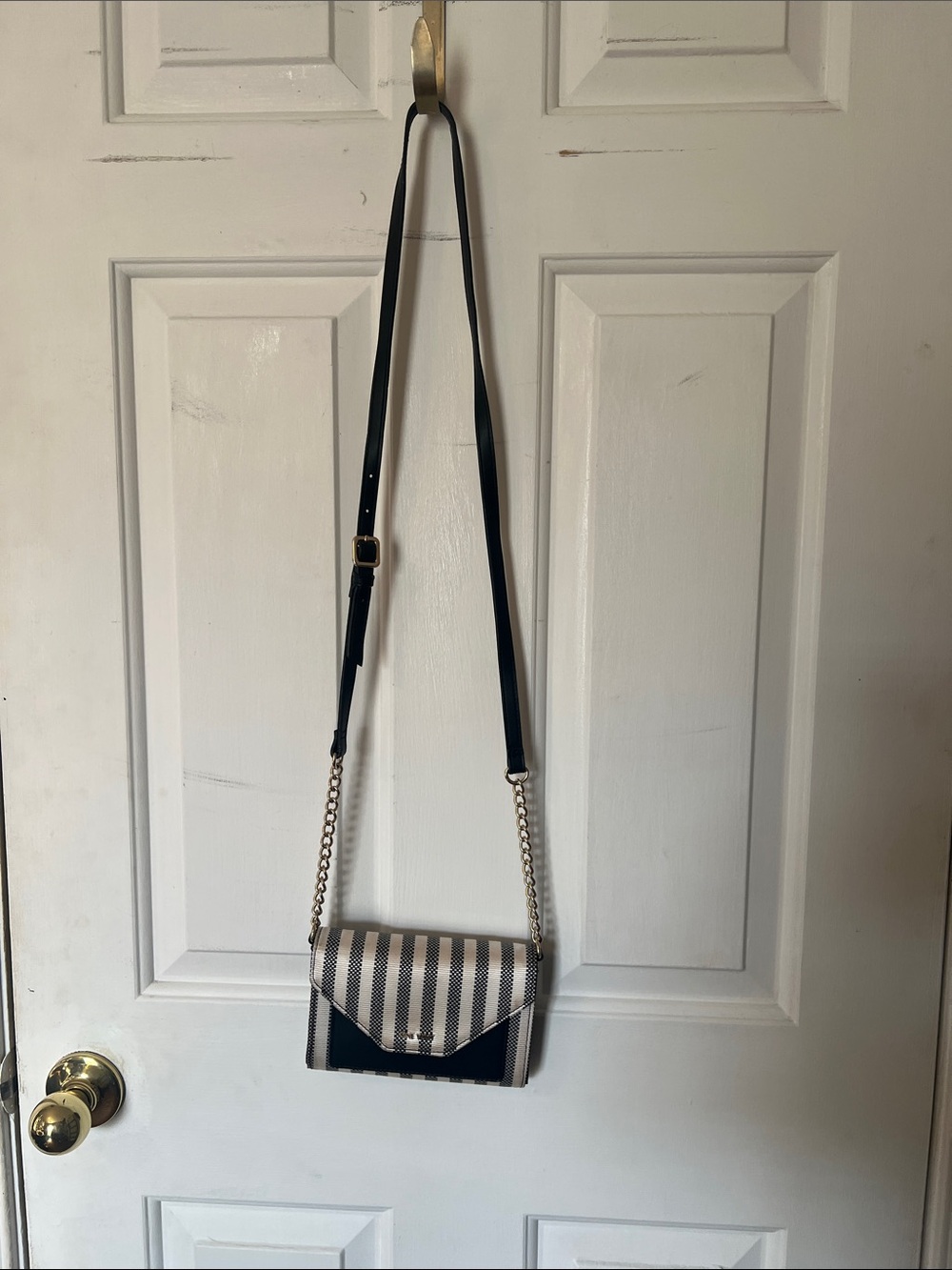 Nine West Black and White Striped Crossbody with Gold Chain